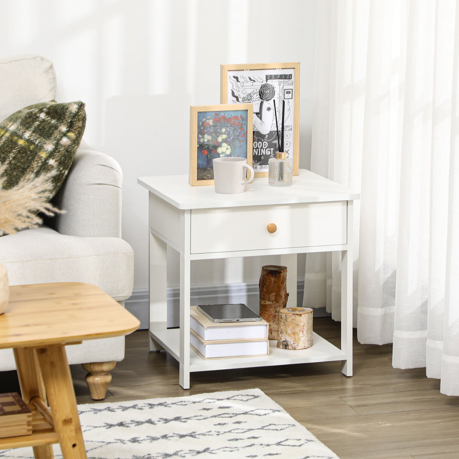 Bedroom Bedside Table, Sofa Side Table With Drawer And Shelf