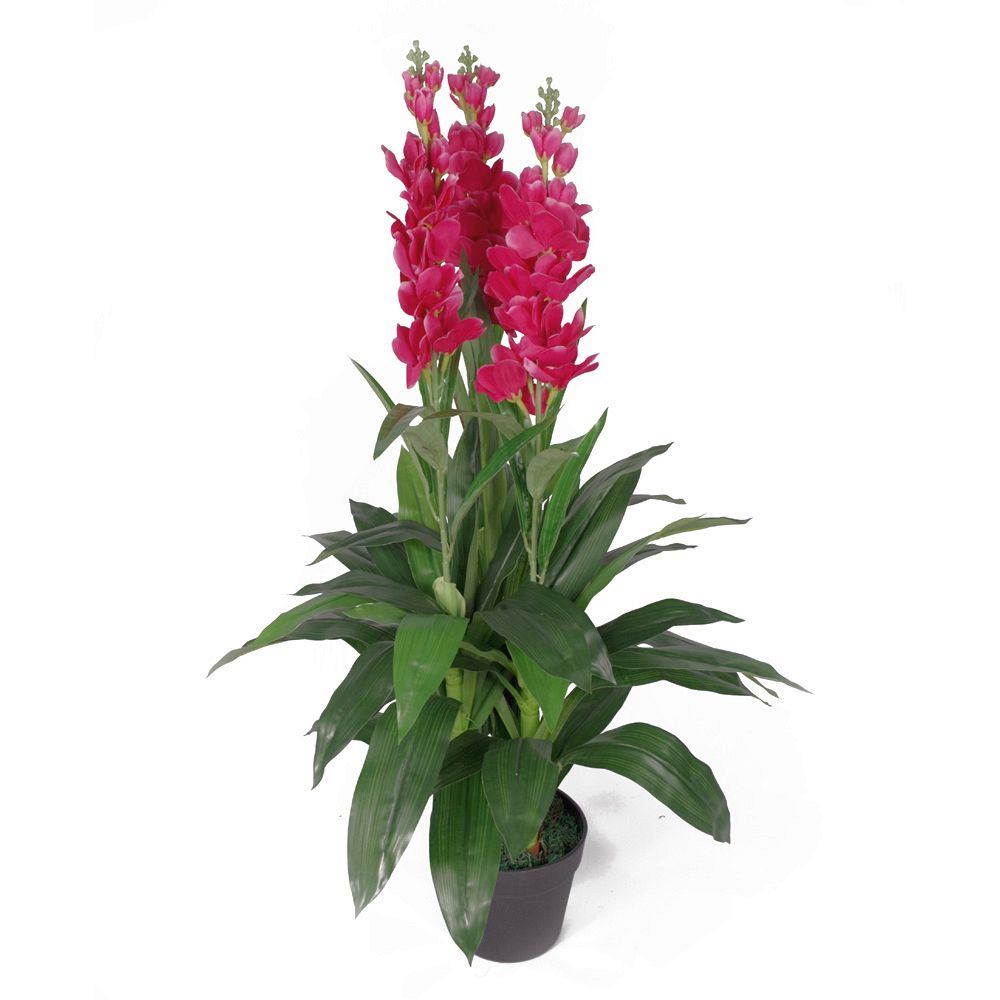 Leaf Artificial 100cm Cymbidium Orchid Plant - Extra Large - Dark Pink Flowers