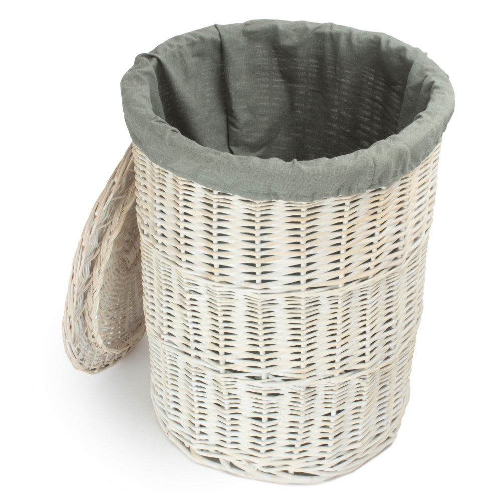 Round White Wash Laundry Hamper With Grey Sage Lining | Set-of-2