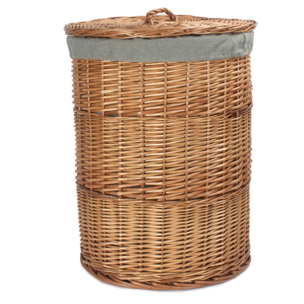 Light Steamed Round Linen Basket With Grey Sage Lining | Large