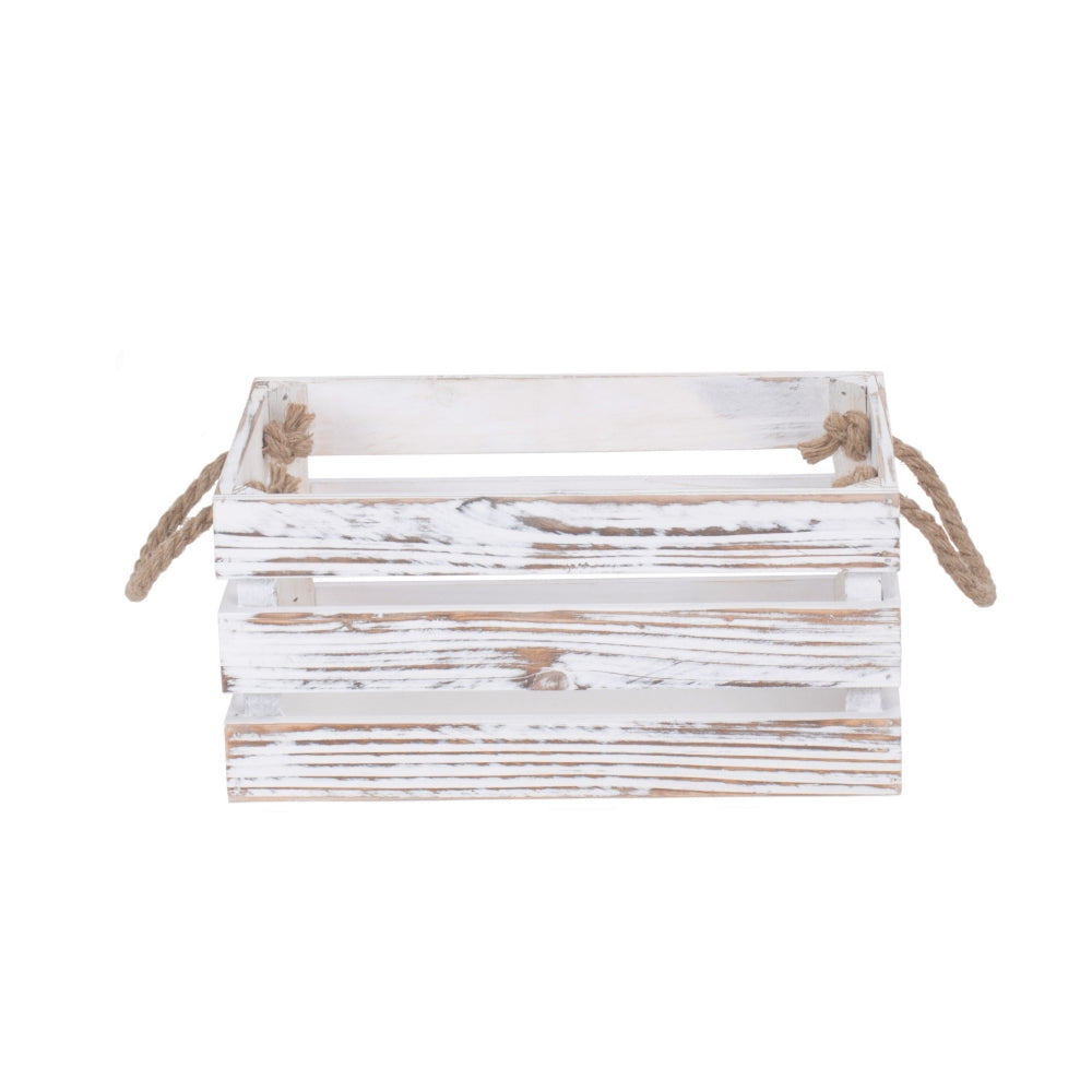 Red Hamper Distressed White Rope Handled Wooden Crate