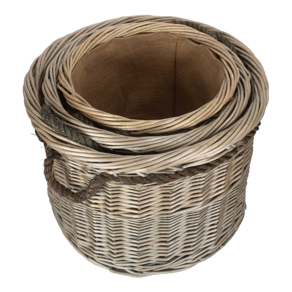 Wicker Rope Handled Antique Wash Round Log Basket | Set-of-3 | Brown