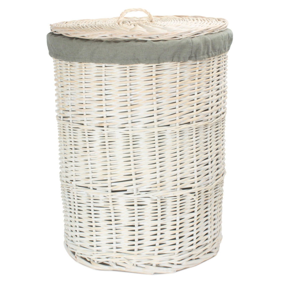 Round White Wash Laundry Hamper With Grey Sage Lining | Set-of-2