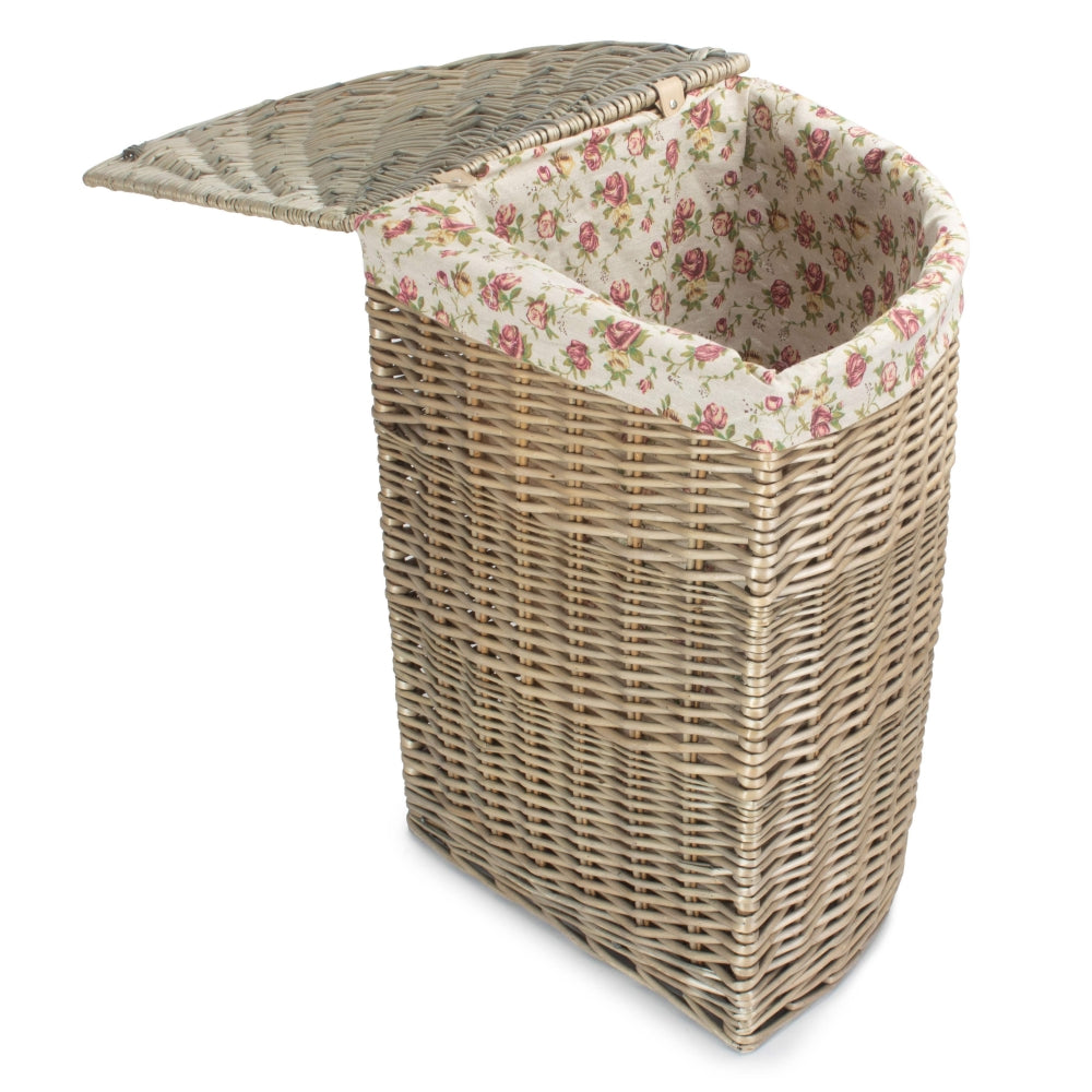 Rose Cotton Lined Antique Wash Wicker Corner Laundry Basket | Small | Pink