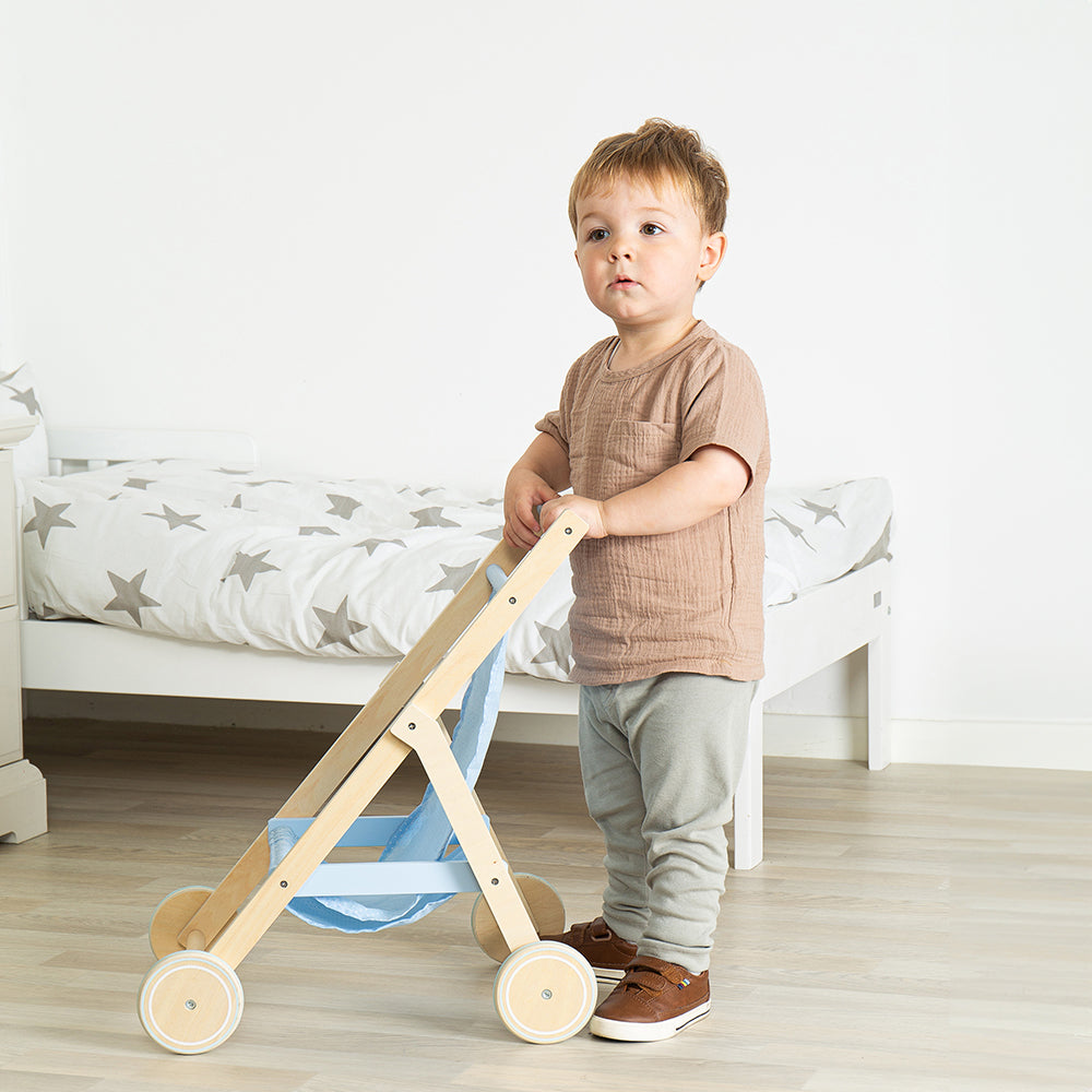 Wooden Doll's Stroller, Pastel-blue Polka Dot Design