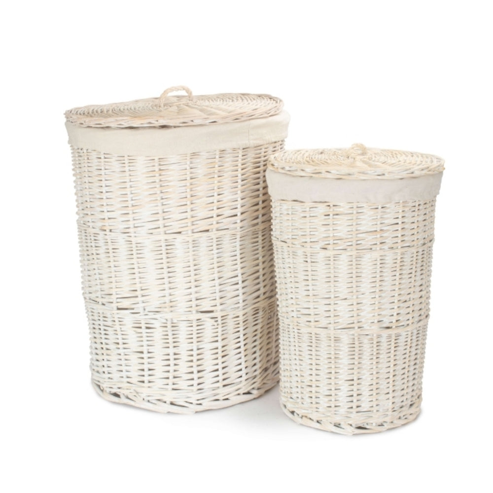 White Oatmeal Cotton Lined Round White Wash Laundry Basket | Set-of-2 | White