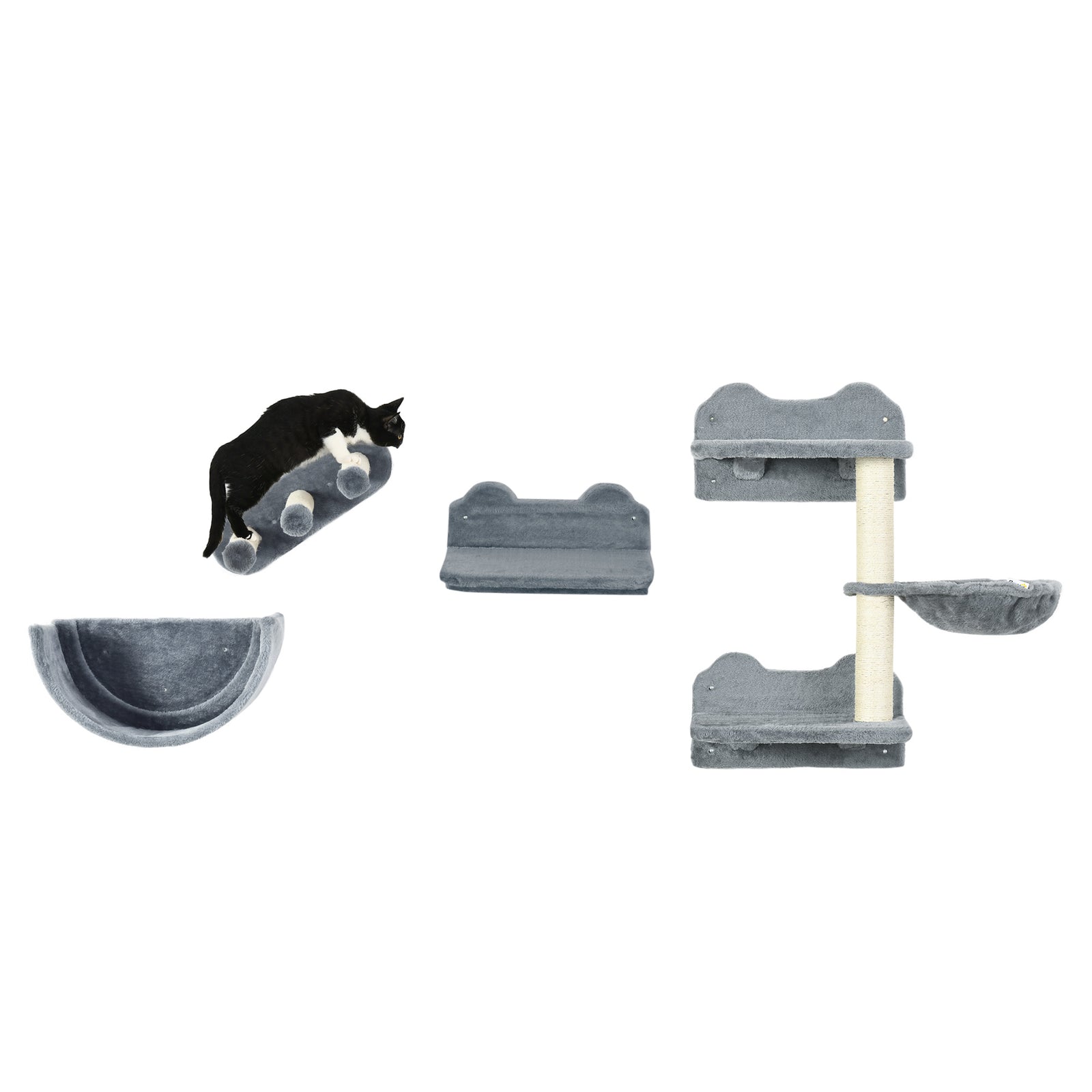 4pcs Wall Mounted Cat Tree Cat Wall Shelves W/ Scratching Post | Gray