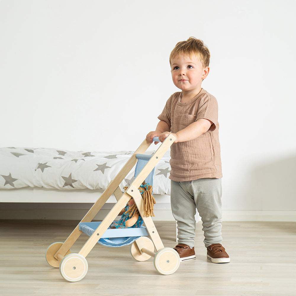 Wooden Doll's Stroller, Pastel-blue Polka Dot Design