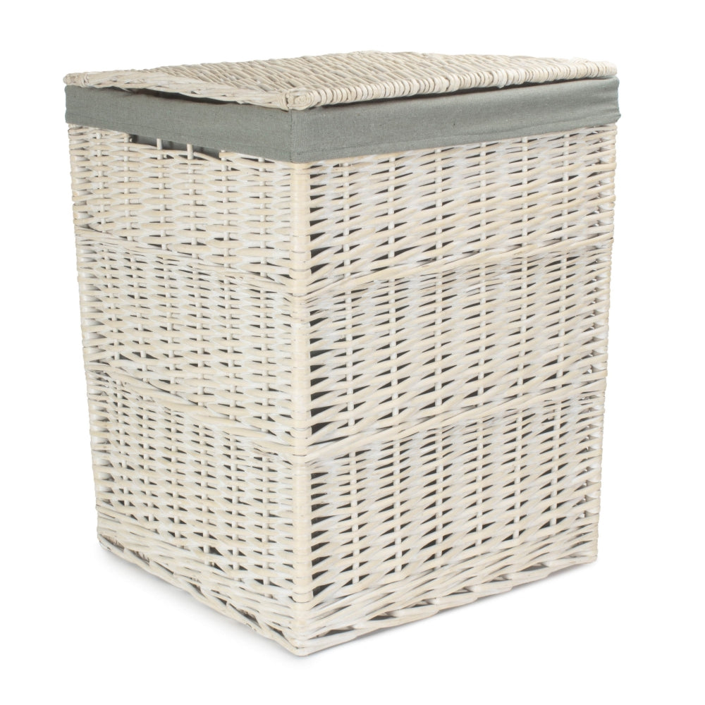 Square White Wash Laundry Hamper With Grey Sage Lining | Large