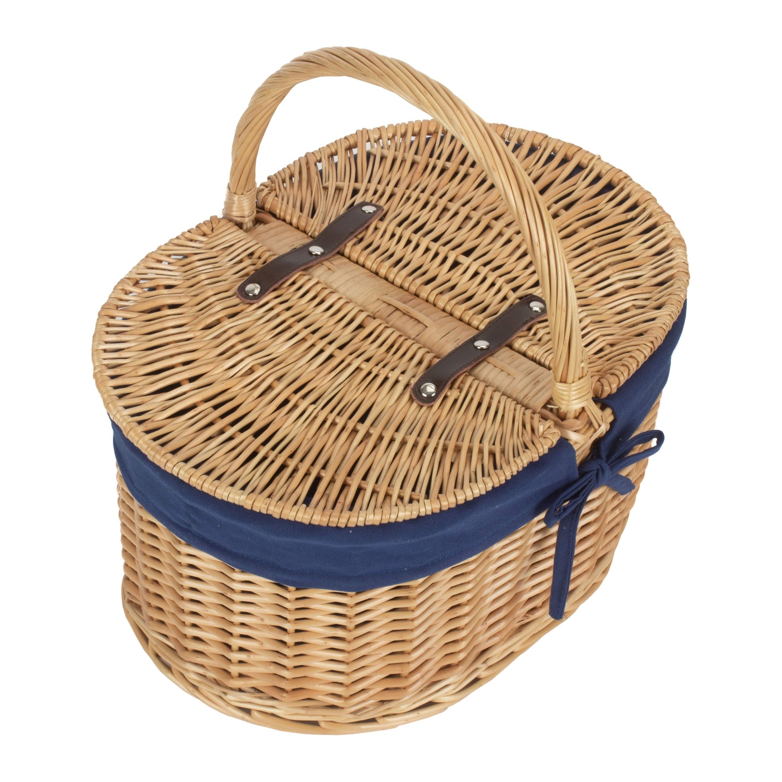 Red Hamper Wicker Oval Lidded Shopping Basket With Navy Blue Lining