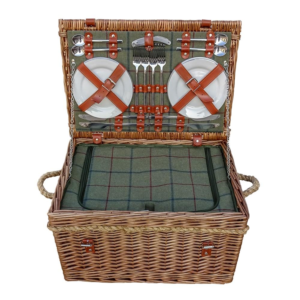 Red Hamper Burghley 4 Person Green Tweed Fitted Picnic Wicker Basket