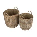 Cordura Lined Tall Round Fireside Grey Rattan Log Basket | Set-of-2 | Brown