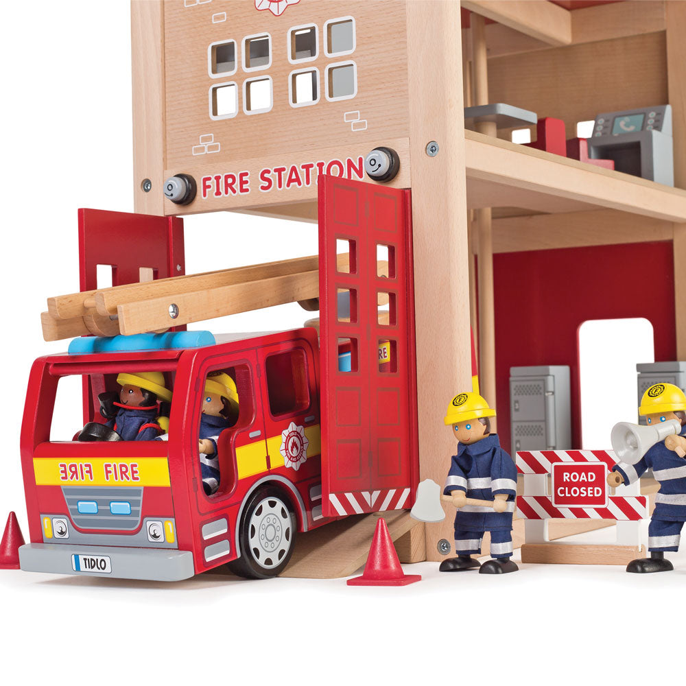 Wooden Fire Station Playset, Open Plan Design, 50cm Tall