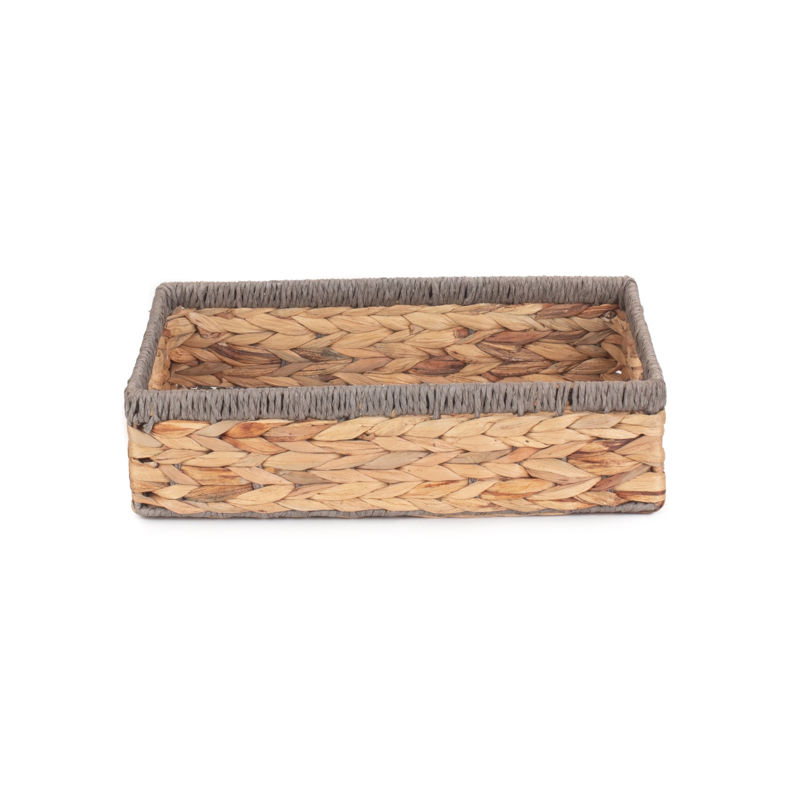 Shallow Rectangular Water Hyacinth With Grey Rope Border Storage Basket | Medium | Brown