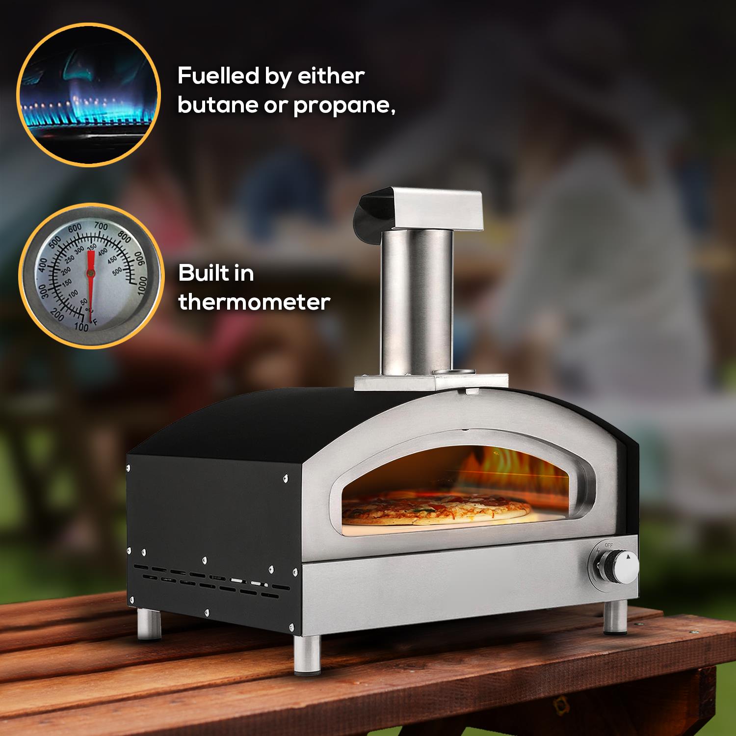 Gas Powered 13" Pizza Oven W/ Pizza Stone Base & Pizza Paddle Black/silver