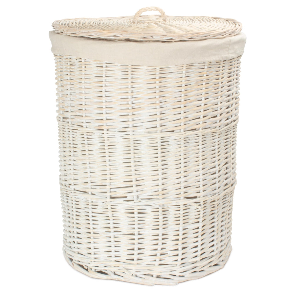 White Oatmeal Cotton Lined Round White Wash Laundry Basket | Small | White