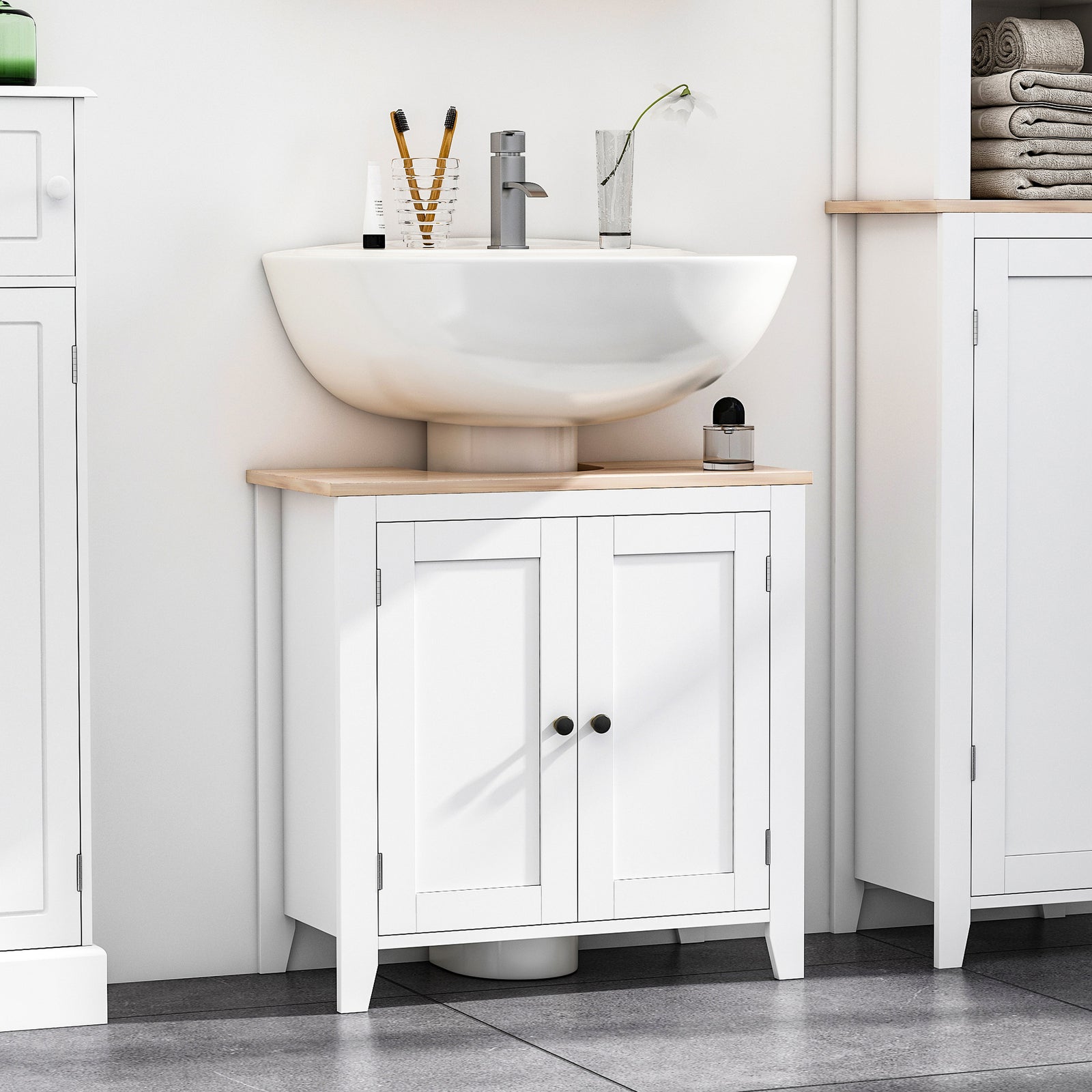 Bathroom Pedestal Under Sink Cabinet Floor W/ Storage Shelf