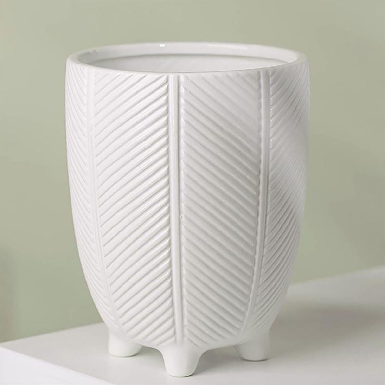 Tall Ceramic Planter Plant Pot With Feet White Stripe 15 X 15 X 19cm