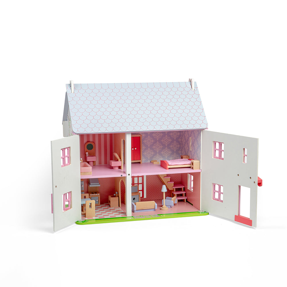 Wooden 'rose Cottage' Two-storey Dolls House, With Furniture