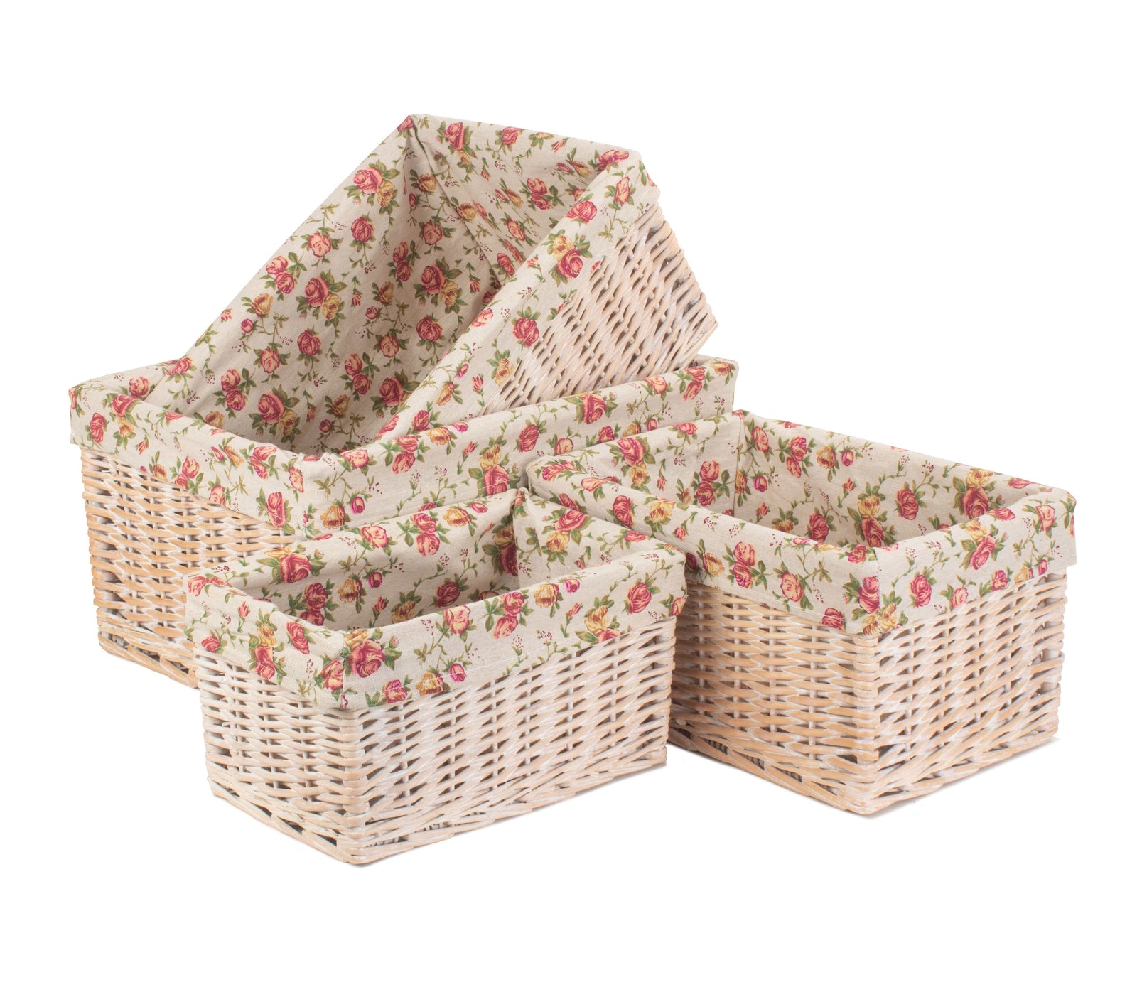 Wicker White Wash Garden Rose Lined Storage Basket | Set-of-4 | Red