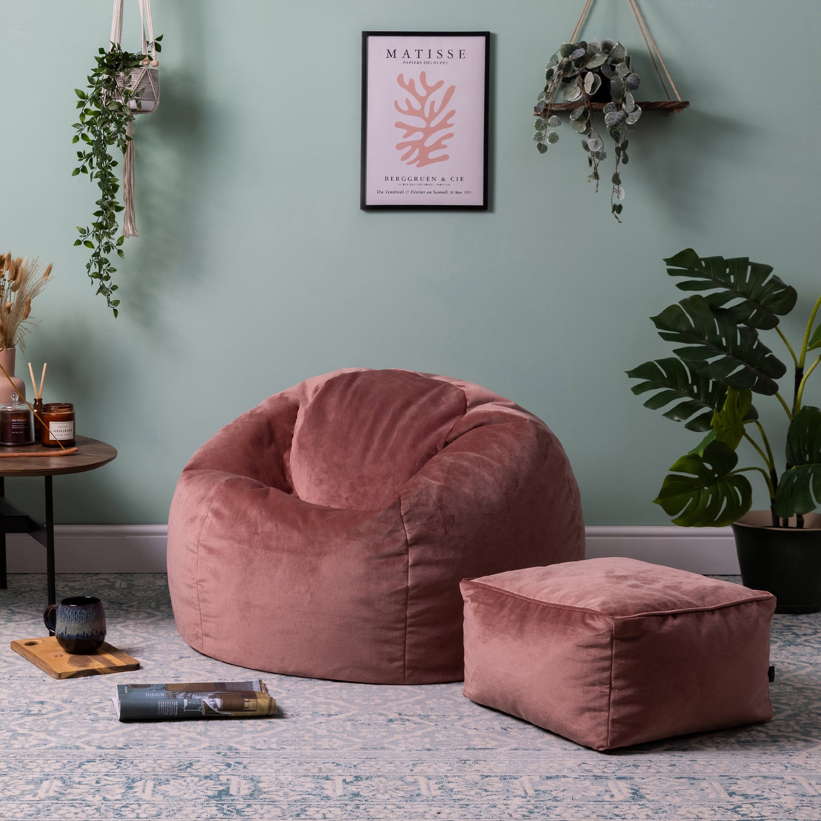 Aurora Velvet Bean Bag & Pouffe Chair & Pouffe Set | Pink