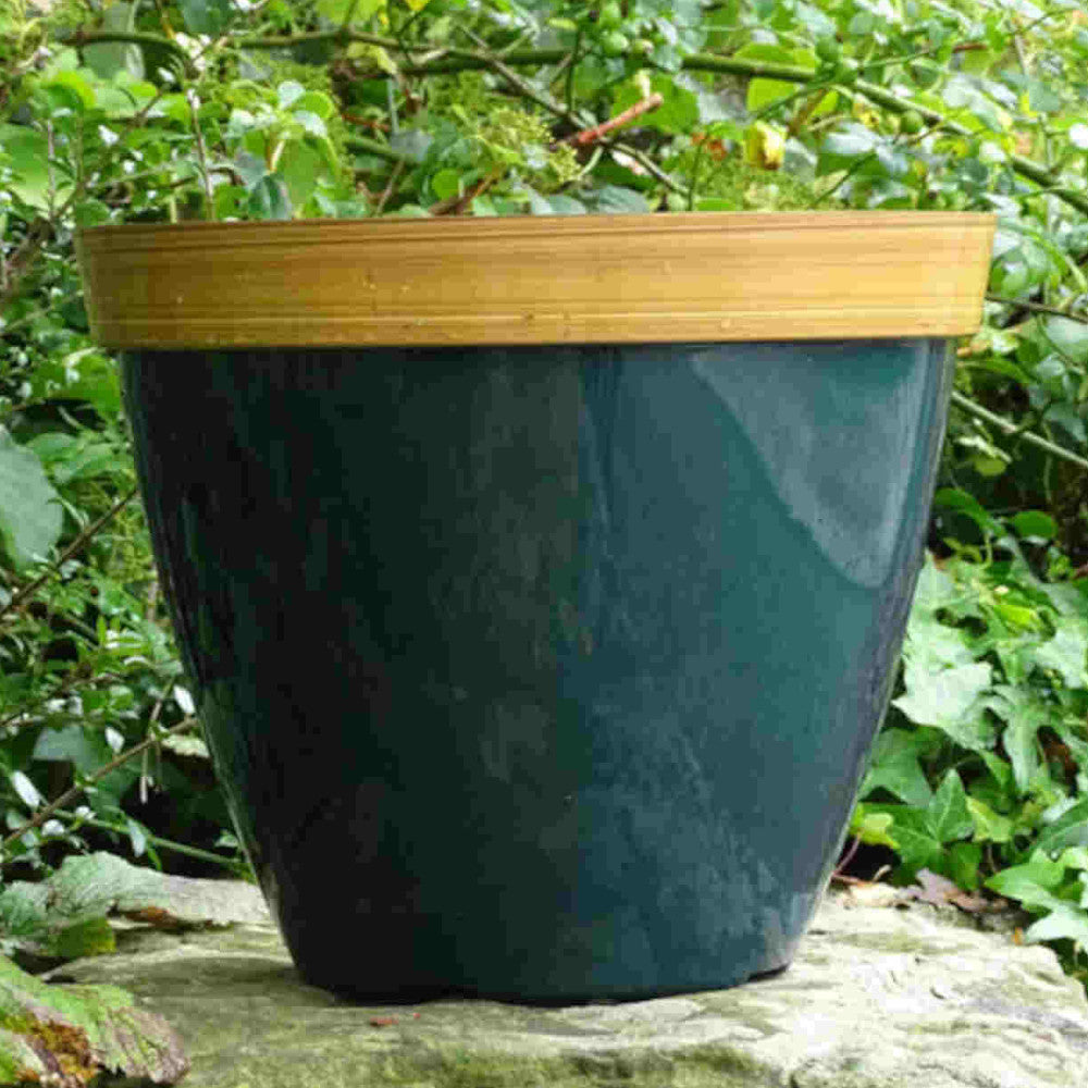 Provence Planter In Green With Bamboo Effect Rim - Set Of 2, Made From 100% Recycled Plastic