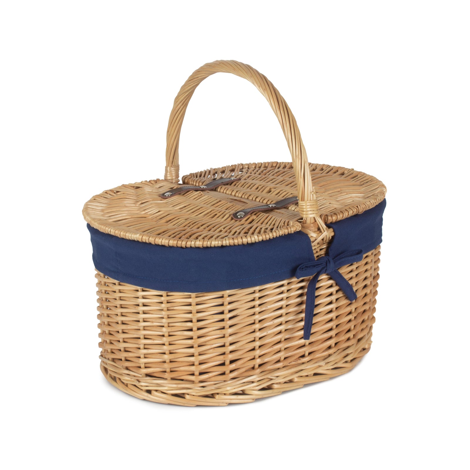 Wicker Oval Lidded Shopping Basket With Navy Blue Lining