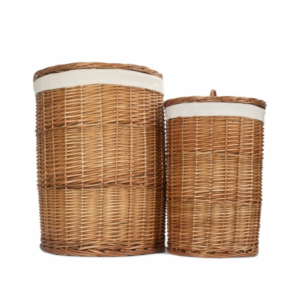 White Cotton Lined Light Steamed Round Laundry Baskets | Set-of-2 | White