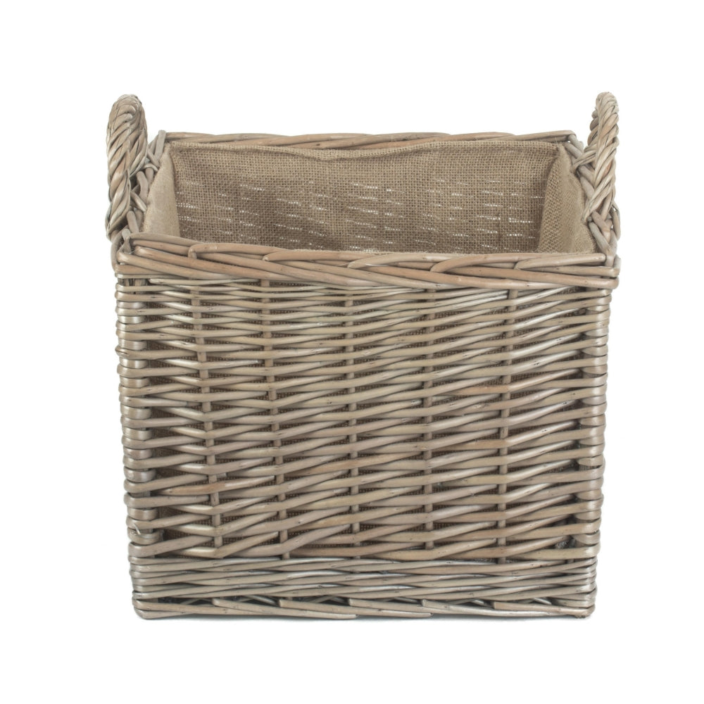 Wicker Antique Wash Square Hessian Lined Log Basket | Small | Brown