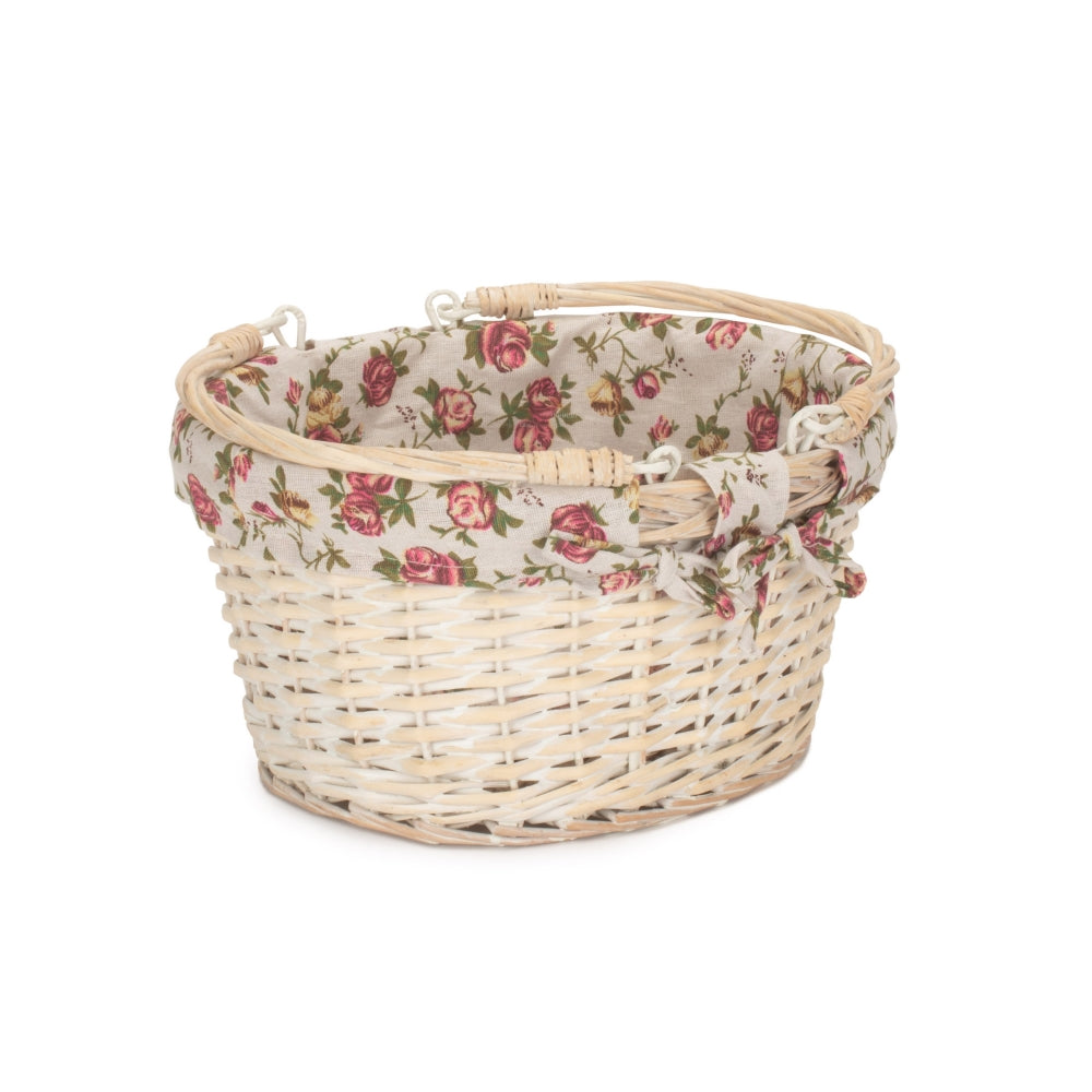 Rose Garden Cotton Lined White Painted Swing Handle Wicker Shopping Basket | Medium | Pink