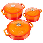 Cast Iron Casserole Set Of 3 20 Cm 26cm & 28cm / 2.8l 4.3l & 5.8l Dishes Oven Proof Enamelled Cast Iron Pans With Lids | Orange