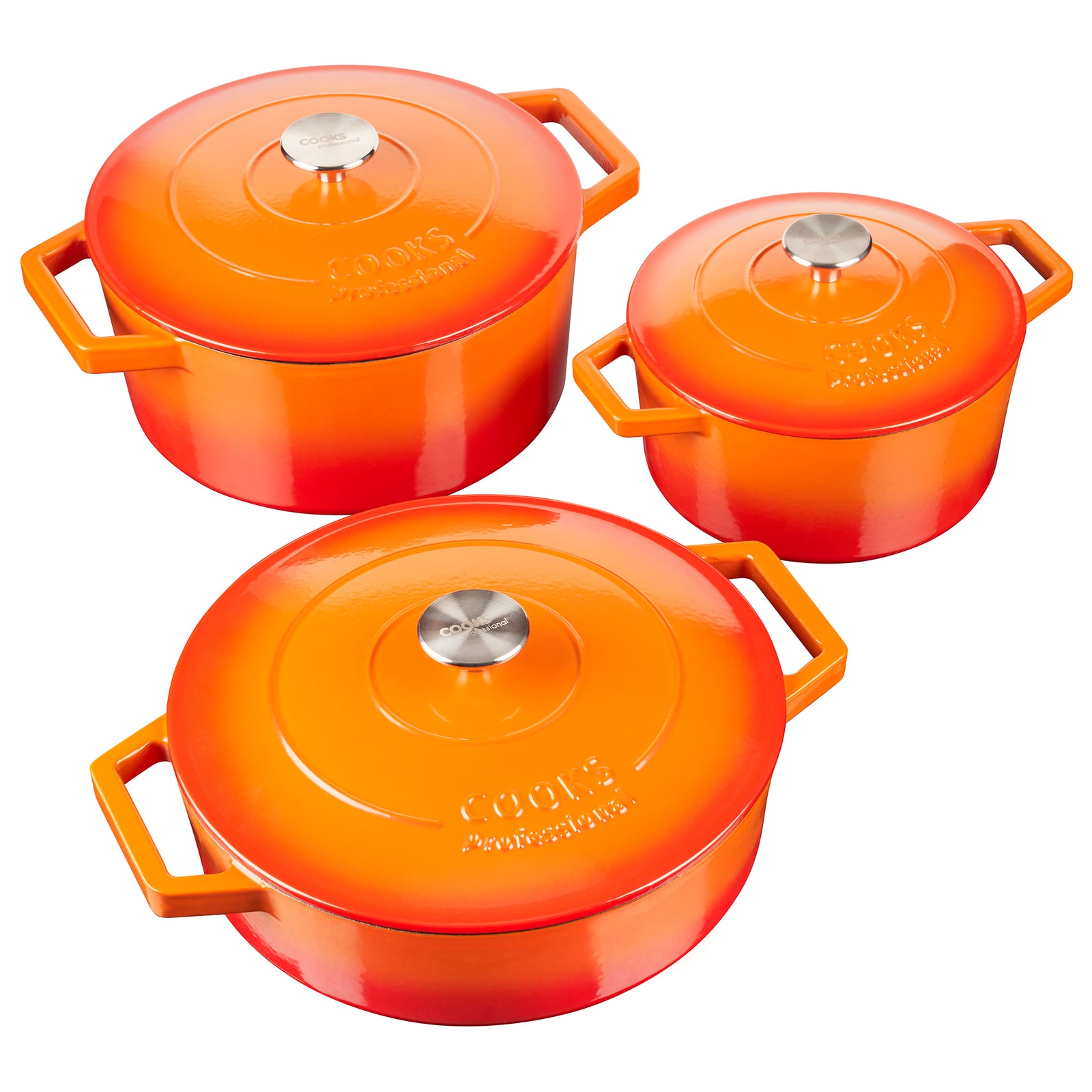 Cast Iron Casserole Set Of 3 20 Cm 26cm & 28cm / 2.8l 4.3l & 5.8l Dishes Oven Proof Enamelled Cast Iron Pans With Lids | Orange