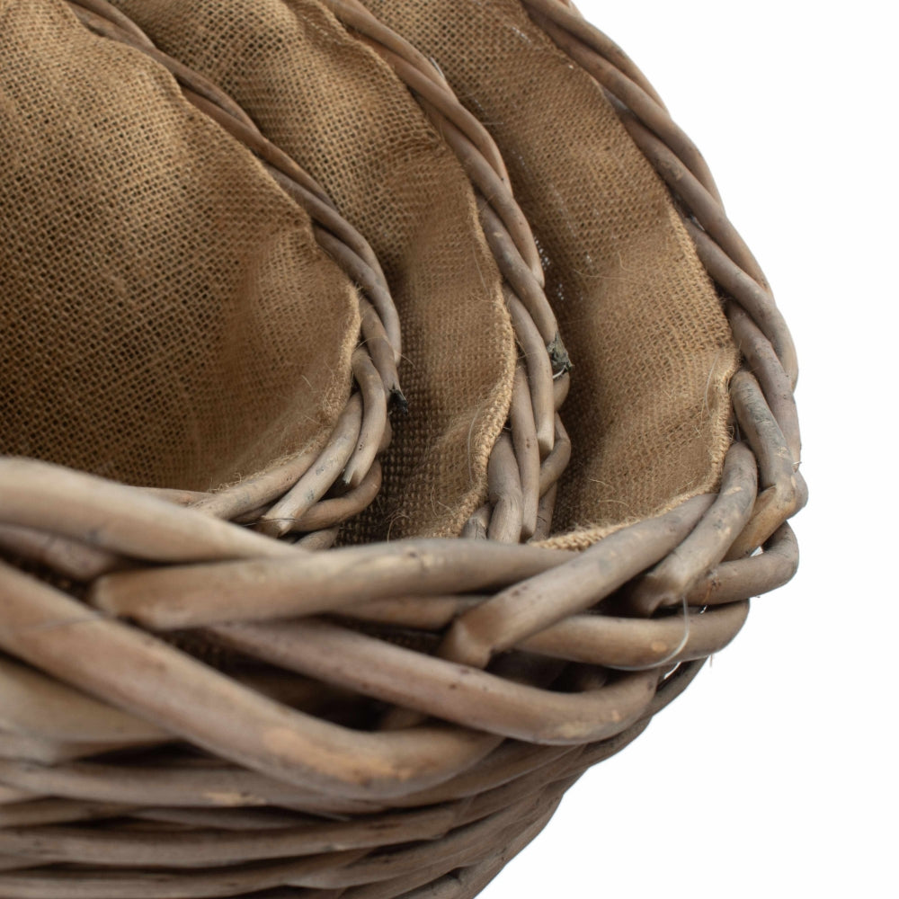 Wicker Oval Hessian Lined Log Basket | Set-of-3 | Brown