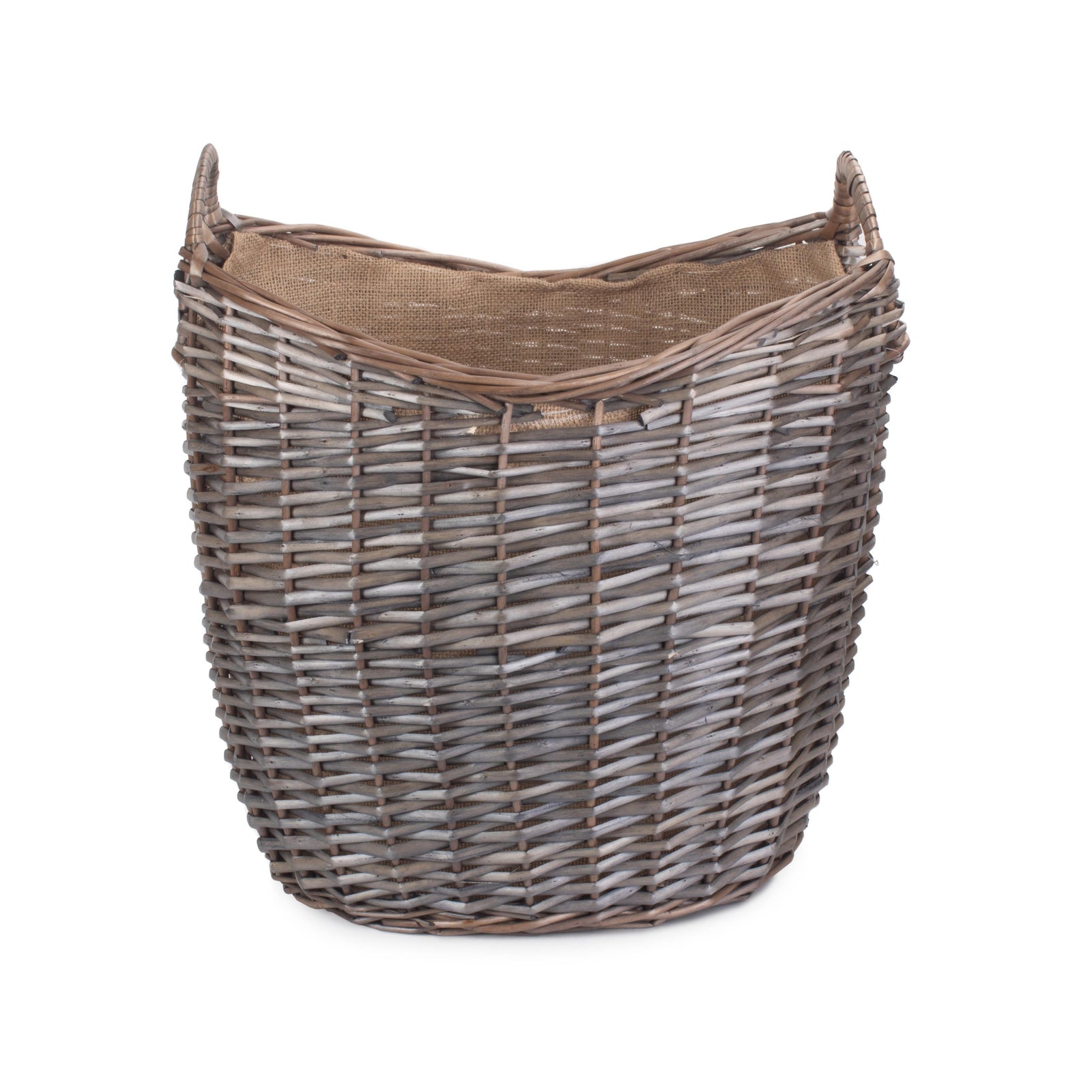 Wicker Scoop Neck Antique Wash Hessian Lined Log Basket | Medium | Brown