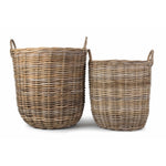 Cordura Lined Tall Round Fireside Grey Rattan Log Basket | Set-of-2 | Brown