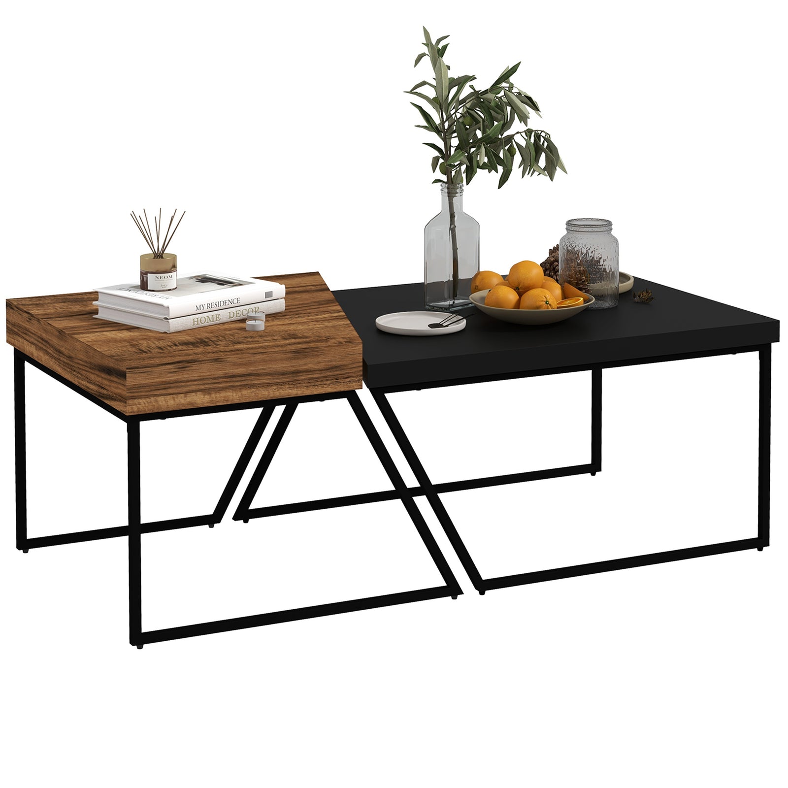 Industrial Coffee Table Set, 2 Geometric Tables