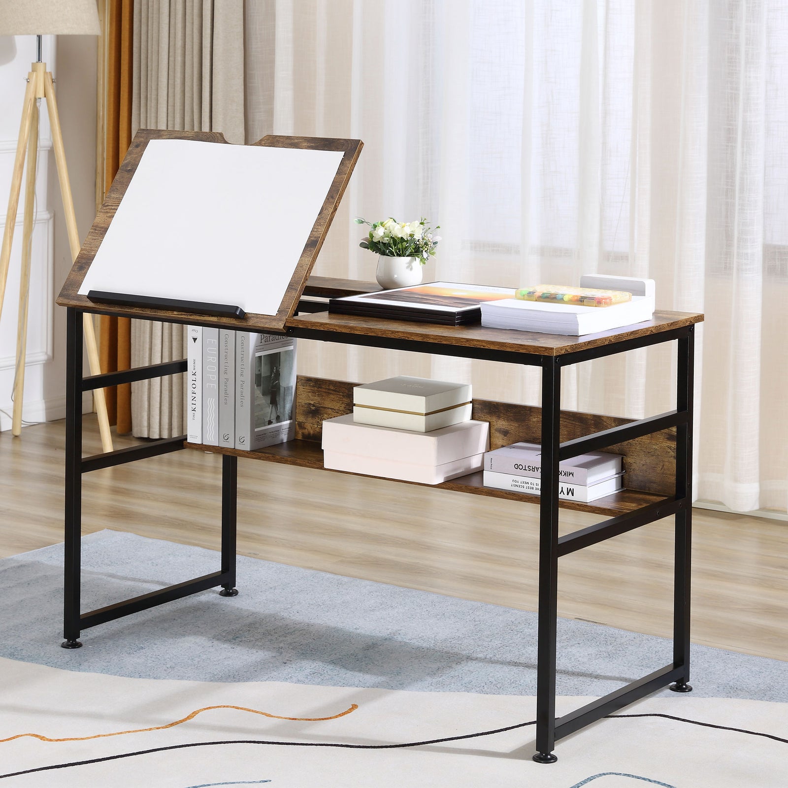 Tiltable Drafting Table, Open Shelf