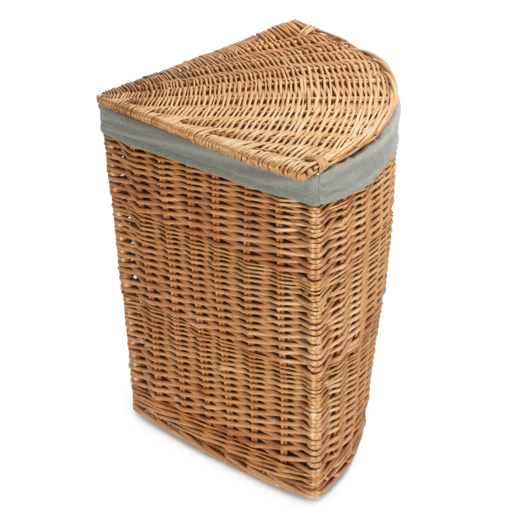 Light Steamed Corner Linen Basket With Grey Sage Lining | Small