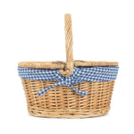 Wicker Child's Oval Blue Checked Lined Lidded Picnic Basket