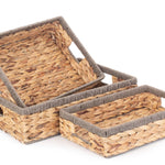 Shallow Rectangular Water Hyacinth With Grey Rope Border Storage Basket | Set-of-3 | Brown