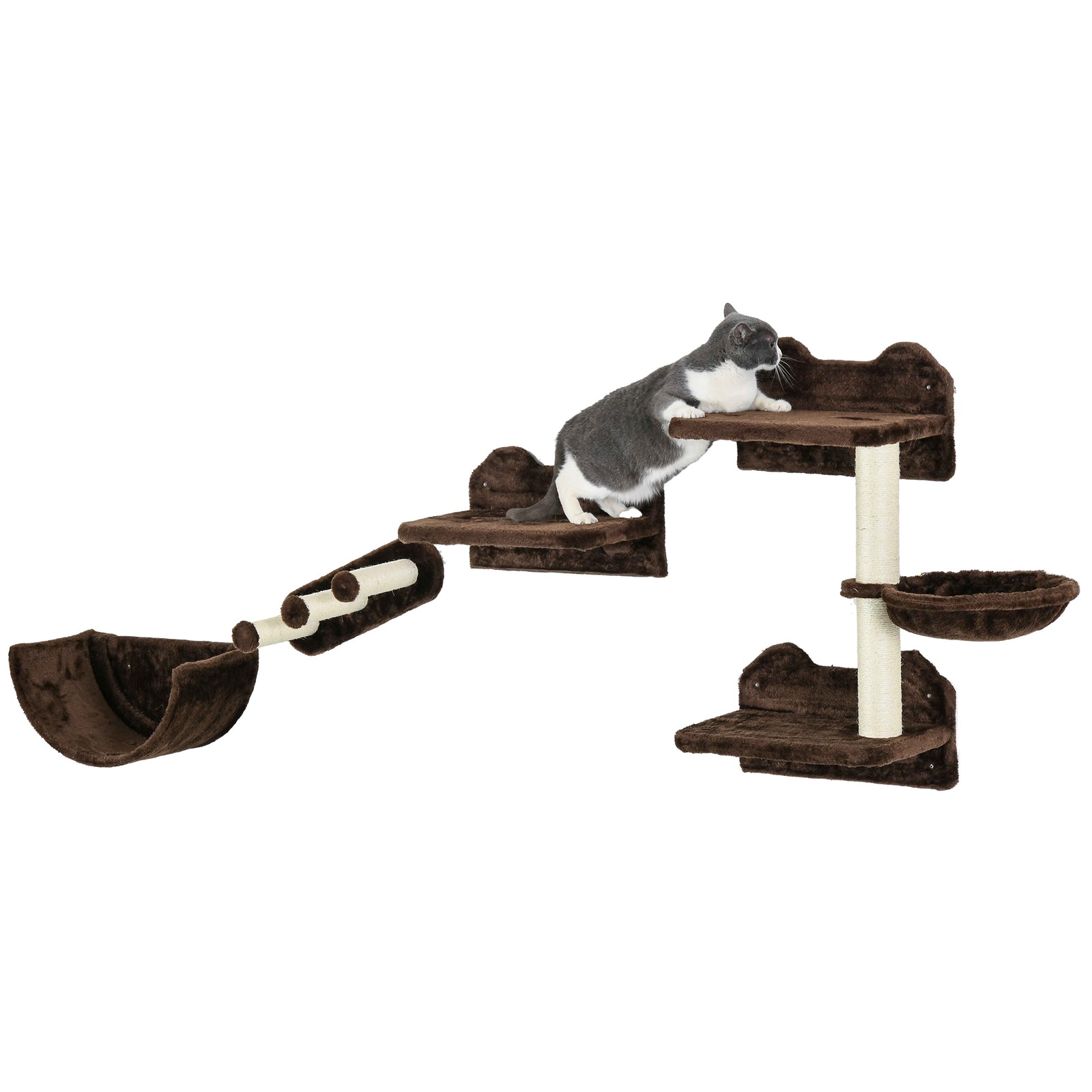 4pcs Wall Mounted Cat Tree Cat Wall Shelves W/ Scratching Post | Brown