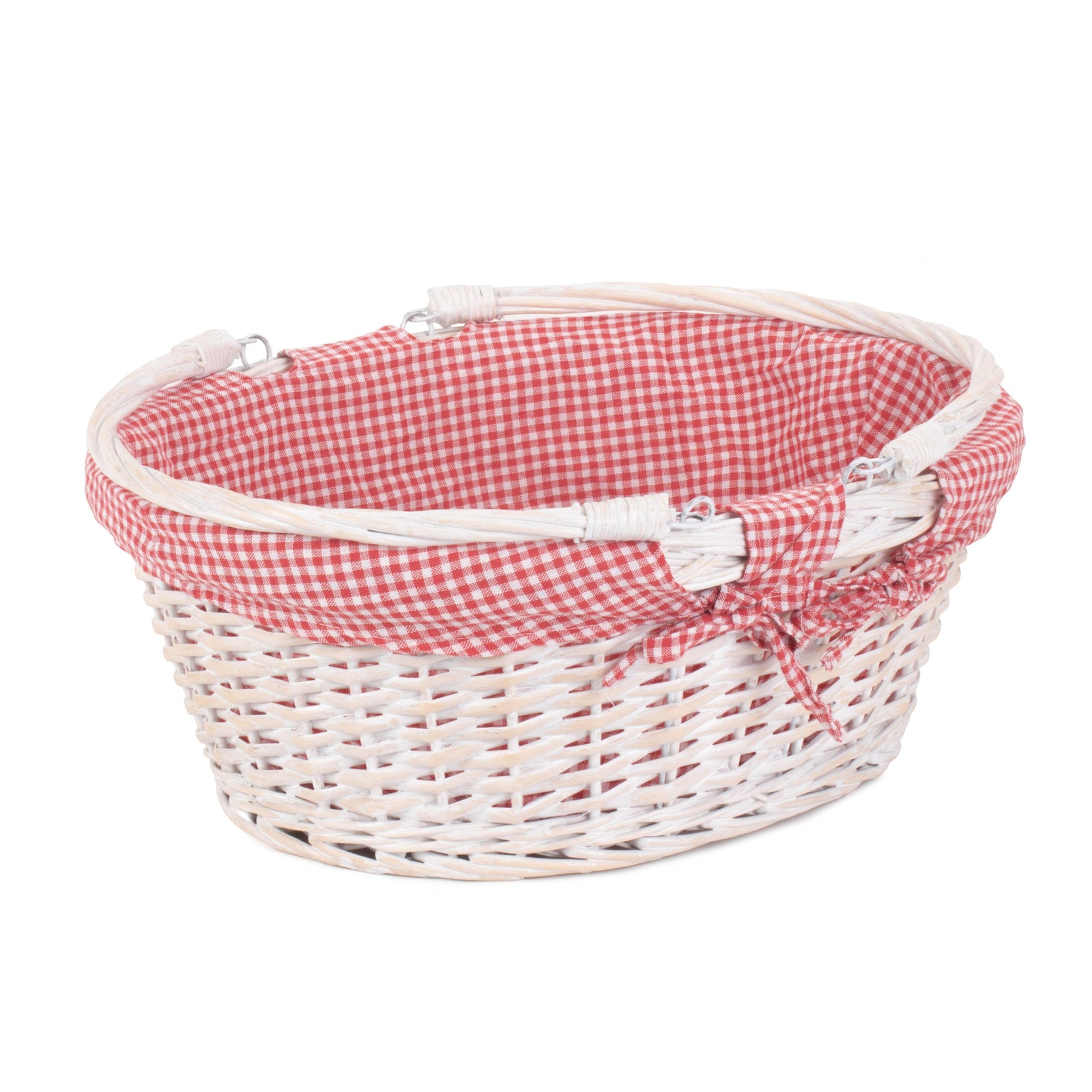 Red Checked Cotton Lined White Painted Swing Handle Wicker Shopping Basket | Medium