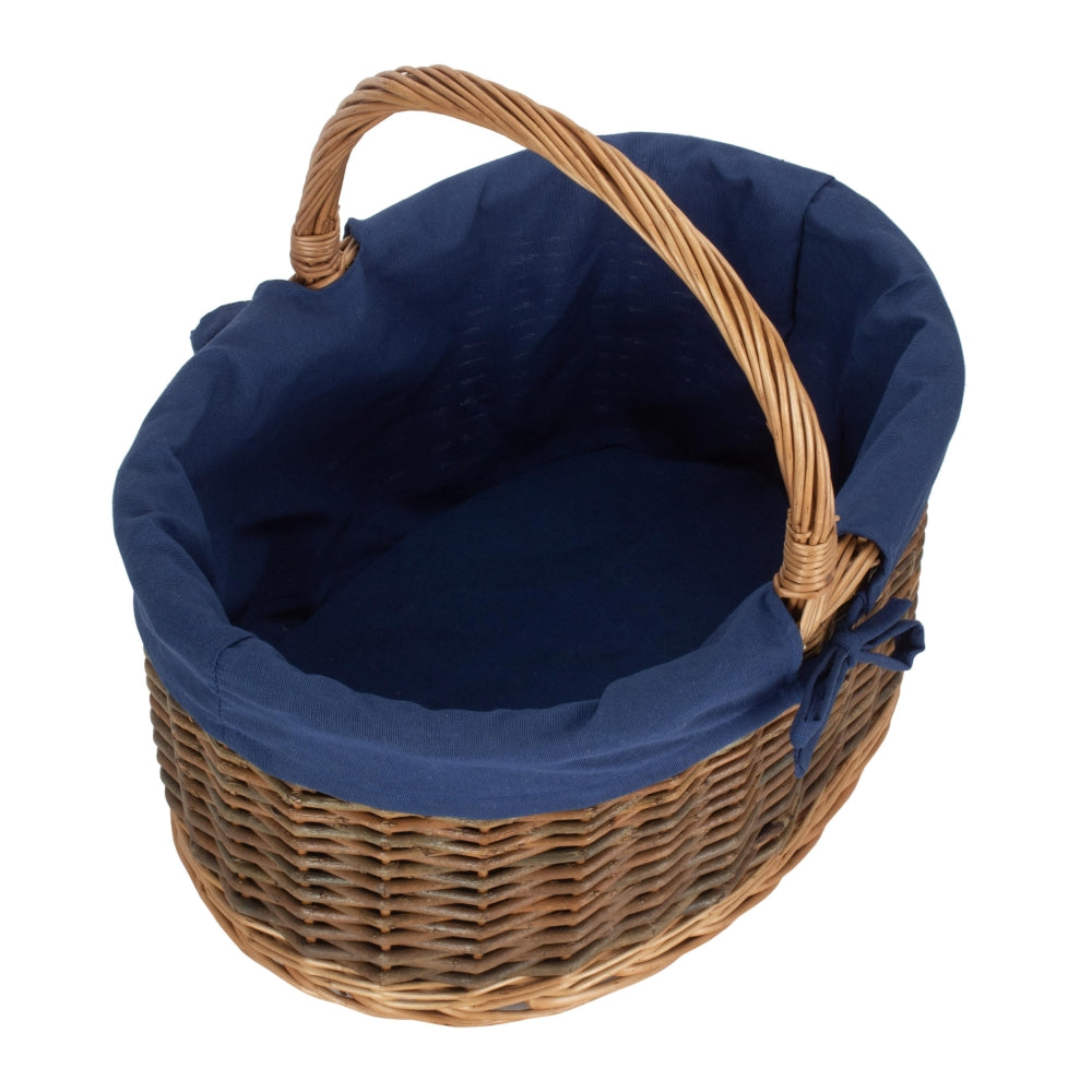 Navy Blue Lined Country Oval Wicker Shopping Basket | Set-of-2