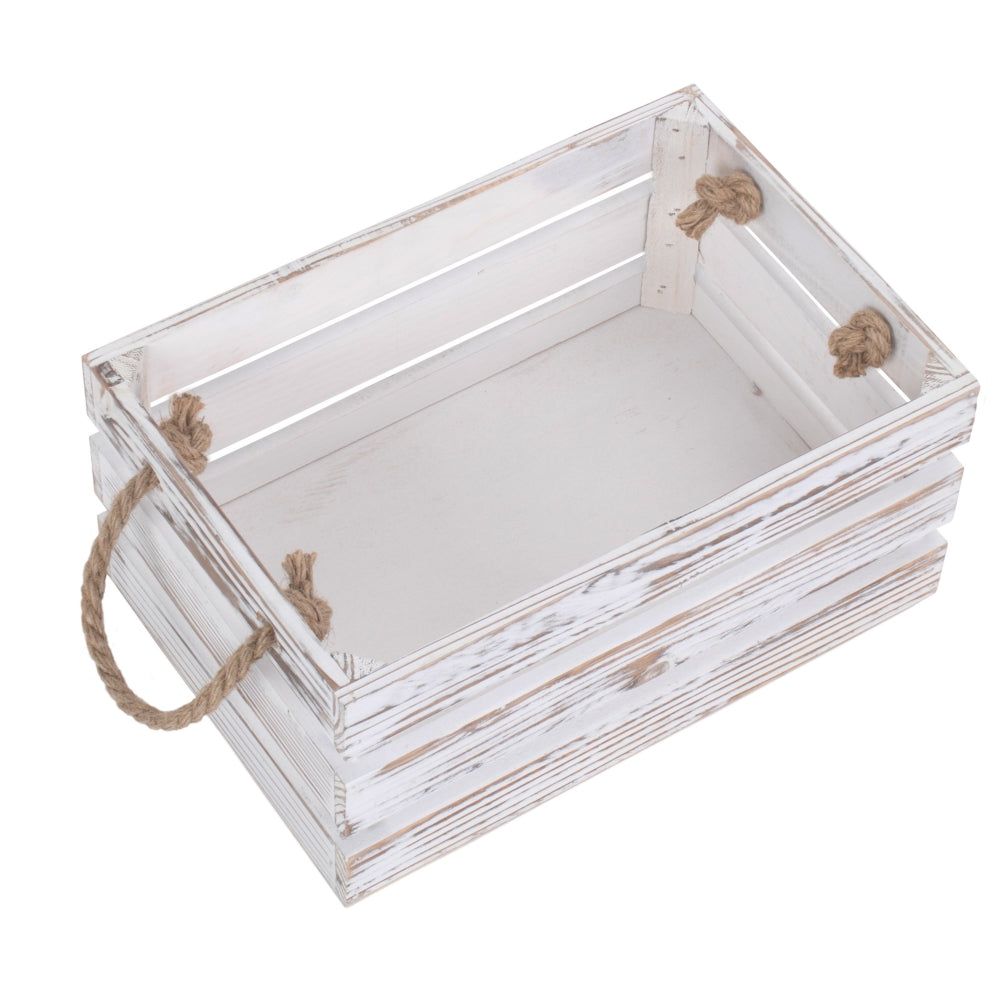 Red Hamper Distressed White Rope Handled Wooden Crate