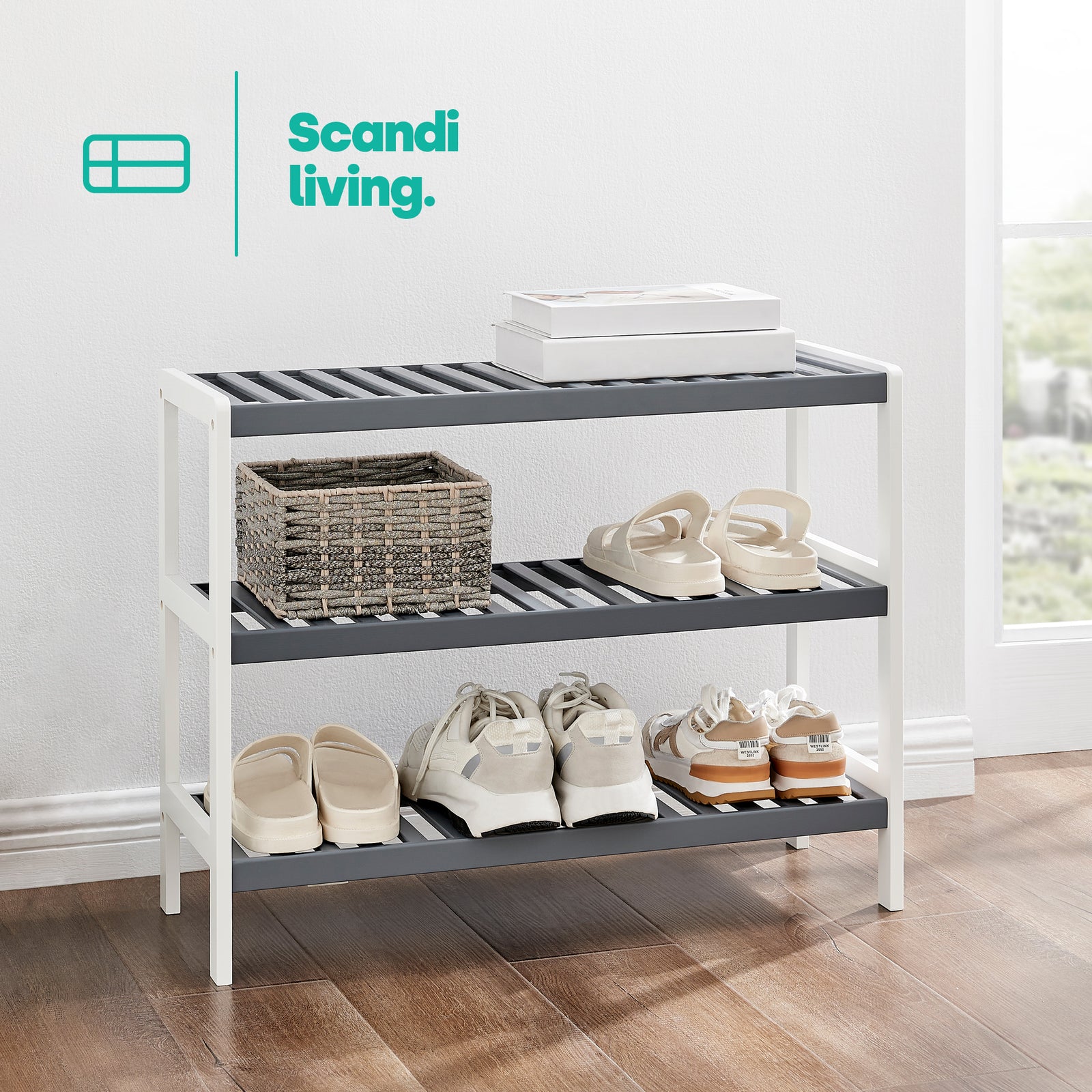 Bamboo 3-tier Shoe Rack - White/grey