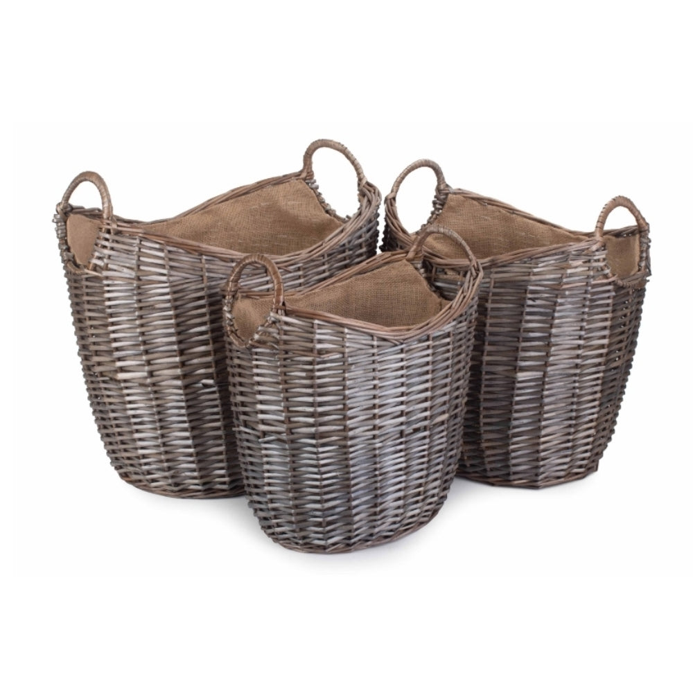 Wicker Scoop Neck Antique Wash Hessian Lined Log Basket | Set-of-3 | Brown