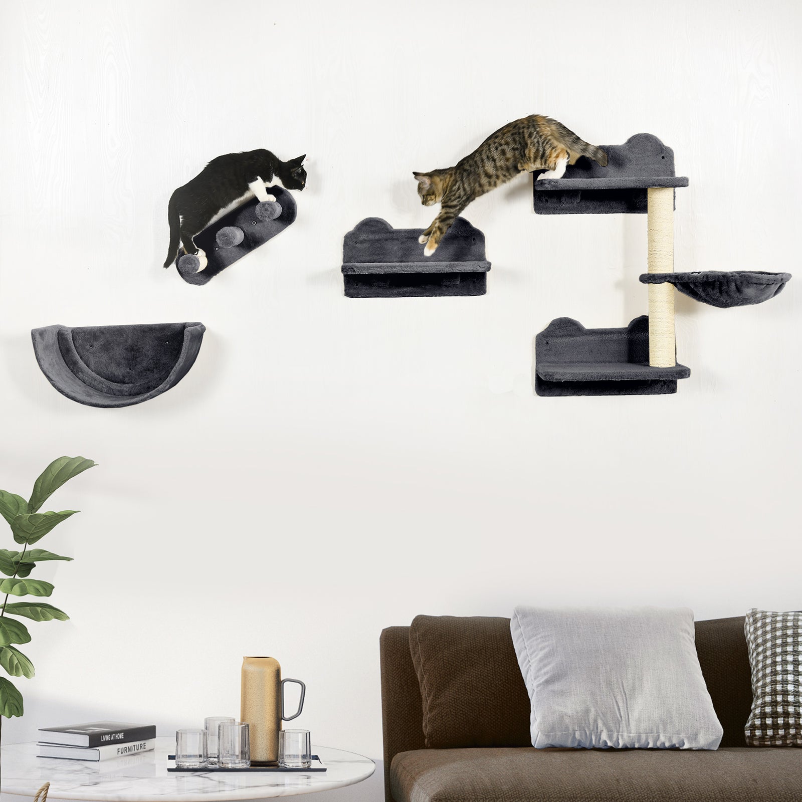 4pcs Wall Mounted Cat Tree Cat Wall Shelves W/ Scratching Post | Dark Gray