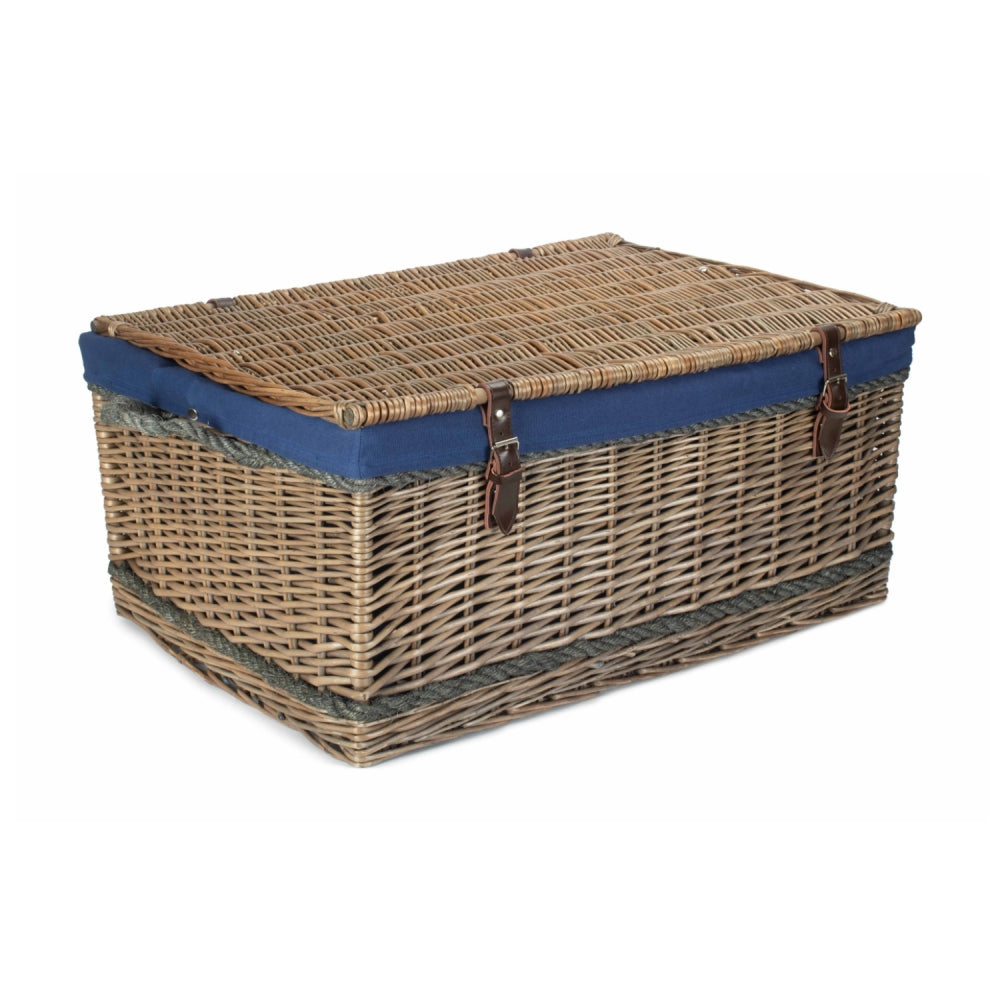 72cm Antique Wash Rope Handled Trunk Picnic Basket | Blue