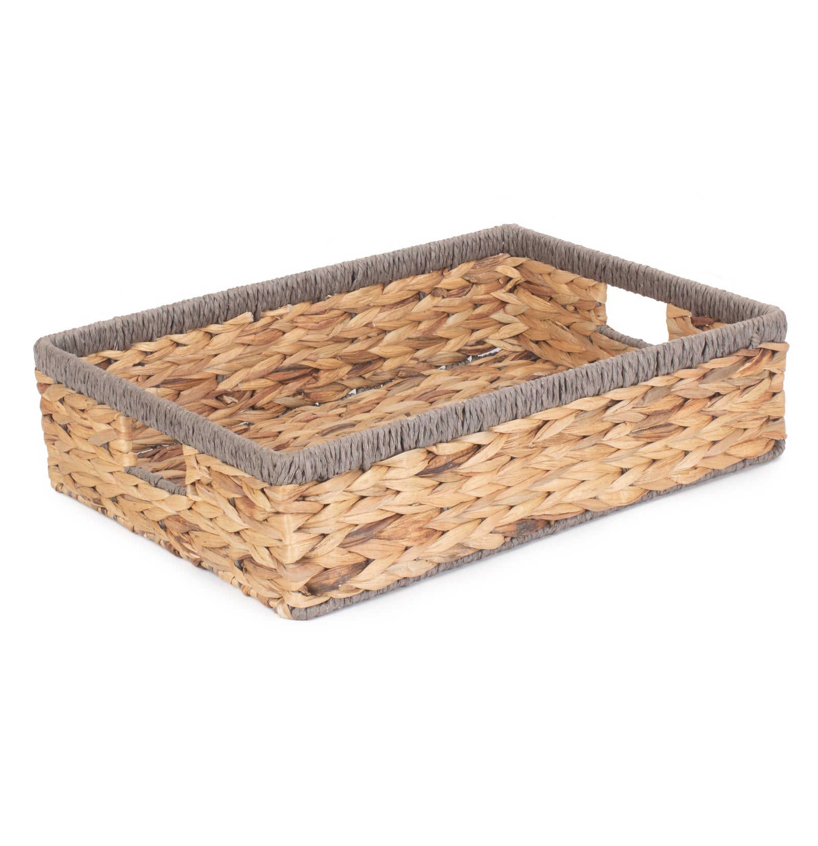 Shallow Rectangular Water Hyacinth With Grey Rope Border Storage Basket | Large | Brown