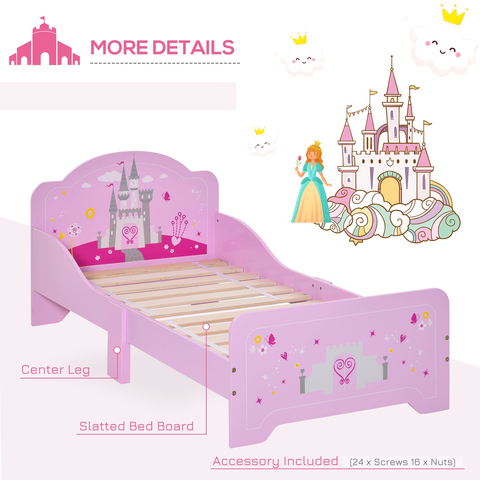 Kids Princess Castle Bed With Side Rails Slats Home Furniture 3-6 Yrs Pink